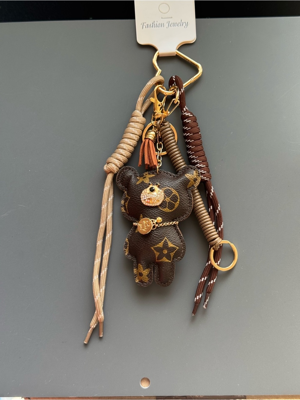Brown Floral Bear Bag Charm Keychain Gold Accent Coordinating Cord NWT